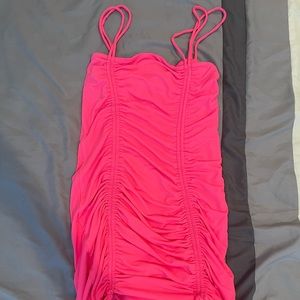 Neon pink scrunchie mini dress